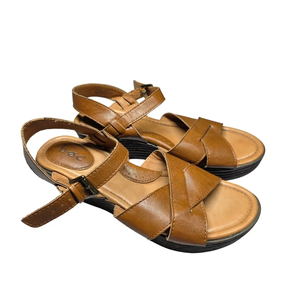 b.o.c. Born Concept Women Brown Faux Leather Wedge Sandals Size 8M Z30041